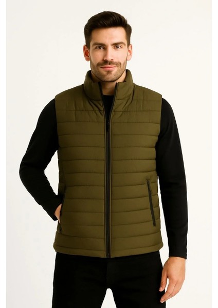 Erkek Şişme Fermuarlı Yelek Su Itici Kapitone Astarlı Kumaş Cepli Hafif Kışlık Spor Rahat Kalıp - Haki fırsatları