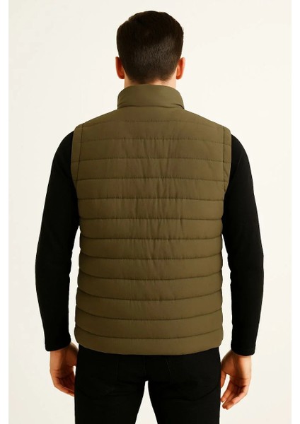 Erkek Şişme Fermuarlı Yelek Su Itici Kapitone Astarlı Kumaş Cepli Hafif Kışlık Spor Rahat Kalıp - Haki indirimleri