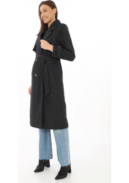 Premium Kadın Kaşe Kaban Uzun Boy, Balık Sırtı Yünlü Kaşmir Dokuma, Kruvaze Kuşaklı Astarlı - Siyah fiyatları