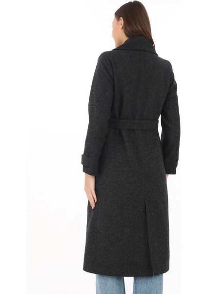 Premium Kadın Kaşe Kaban Uzun Boy, Balık Sırtı Yünlü Kaşmir Dokuma, Kruvaze Kuşaklı Astarlı - Siyah fırsatları
