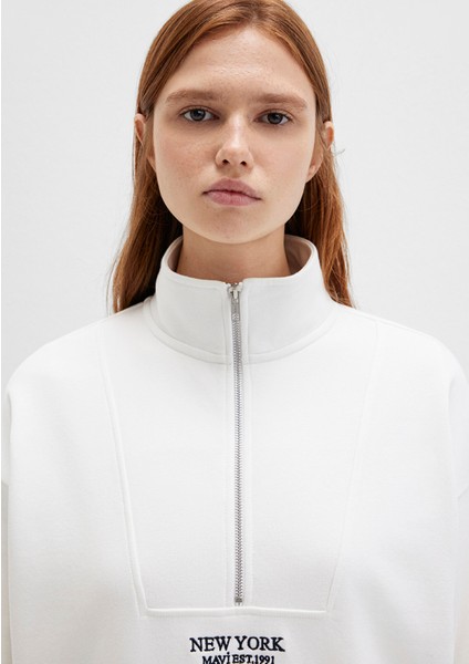 Yarı Fermuarlı Sırt Baskılı Ekru Sweatshirt 1S10502-70057