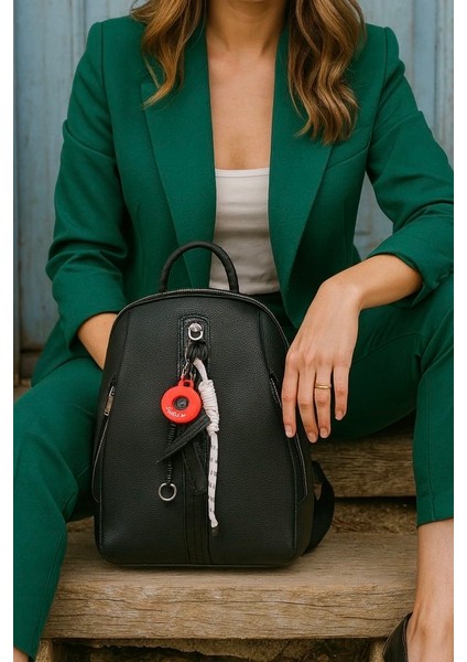 Kadın Sırt Çantası Su Geçirmez Premium Deri Çok Gözlü Hafif Günlük Çanta + Anahtarlık Seti Hediye