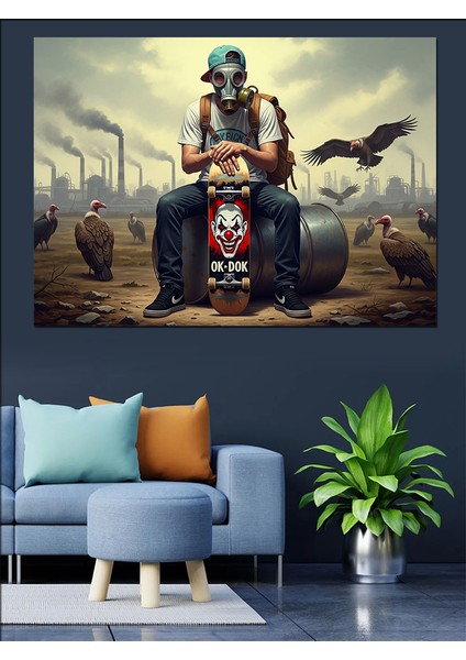 Şehirdeki Kirli Havada Oturan Gaz Maskeli Kaykaycı Dekoratif Kanvas - Mdf Ahşap Tablo