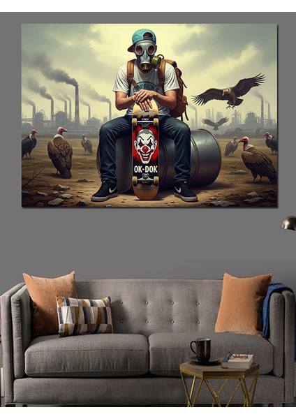 Şehirdeki Kirli Havada Oturan Gaz Maskeli Kaykaycı Dekoratif Kanvas - Mdf Ahşap Tablo fiyatları