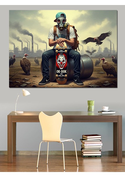 Şehirdeki Kirli Havada Oturan Gaz Maskeli Kaykaycı Dekoratif Kanvas - Mdf Ahşap Tablo modelleri
