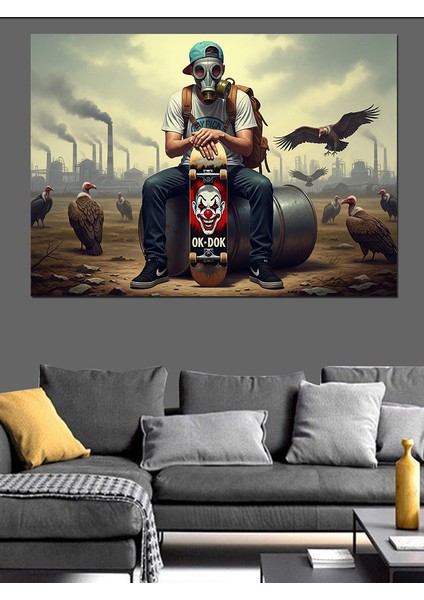 Şehirdeki Kirli Havada Oturan Gaz Maskeli Kaykaycı Dekoratif Kanvas - Mdf Ahşap Tablo fırsatları
