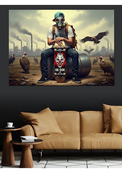 Şehirdeki Kirli Havada Oturan Gaz Maskeli Kaykaycı Dekoratif Kanvas - Mdf Ahşap Tablo indirimleri