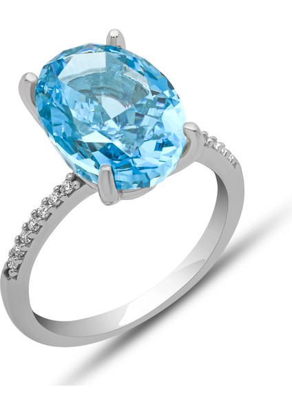 Gümüş Ice Cut Oval Mavi Zirkon Taşlı Kadın Yüzük