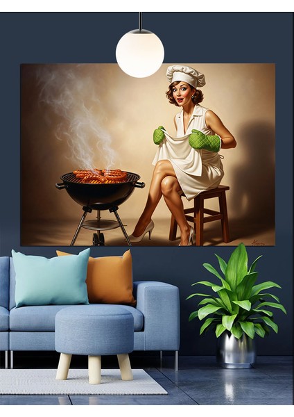 Barbekü Izgarada Kadın Yemek Yapıyor Dekoratif Kanvas - Mdf Ahşap Tablo