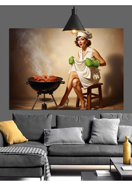 Barbekü Izgarada Kadın Yemek Yapıyor Dekoratif Kanvas - Mdf Ahşap Tablo modelleri