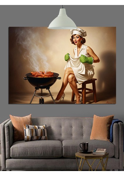 Barbekü Izgarada Kadın Yemek Yapıyor Dekoratif Kanvas - Mdf Ahşap Tablo fırsatları