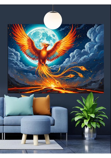 Yükselen Anka Kuşu Alevler ve Dolunay Dekoratif Kanvas - Mdf Ahşap Tablo