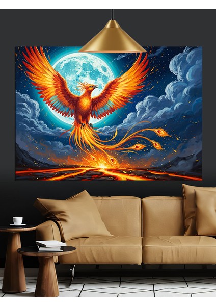 Yükselen Anka Kuşu Alevler ve Dolunay Dekoratif Kanvas - Mdf Ahşap Tablo fiyatları