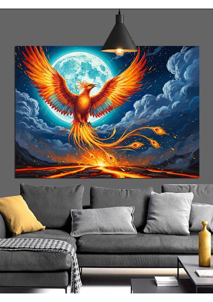 Yükselen Anka Kuşu Alevler ve Dolunay Dekoratif Kanvas - Mdf Ahşap Tablo modelleri