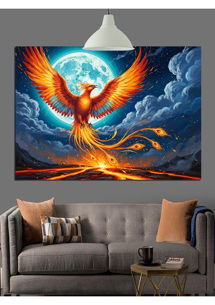 Yükselen Anka Kuşu Alevler ve Dolunay Dekoratif Kanvas - Mdf Ahşap Tablo fırsatları