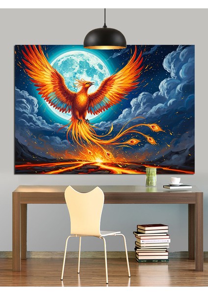 Yükselen Anka Kuşu Alevler ve Dolunay Dekoratif Kanvas - Mdf Ahşap Tablo indirimleri