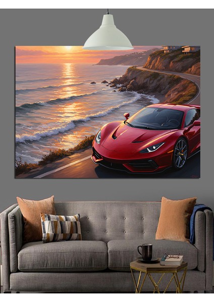 Kırmızı Spor Araba Gün Batımı Dekoratif Kanvas - Mdf Ahşap Tablo