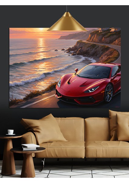 Kırmızı Spor Araba Gün Batımı Dekoratif Kanvas - Mdf Ahşap Tablo fırsatları