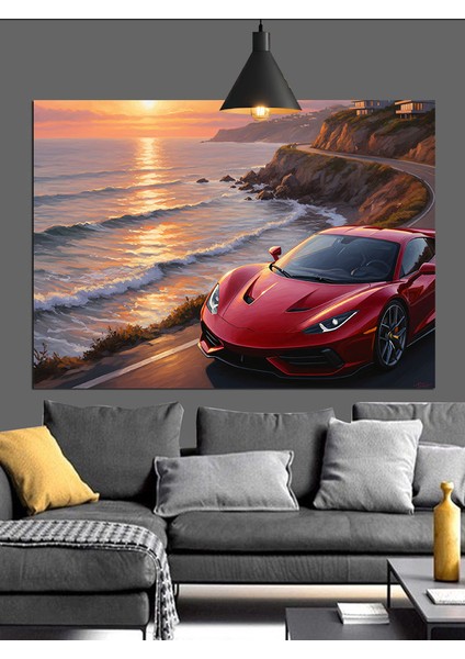 Kırmızı Spor Araba Gün Batımı Dekoratif Kanvas - Mdf Ahşap Tablo indirimleri
