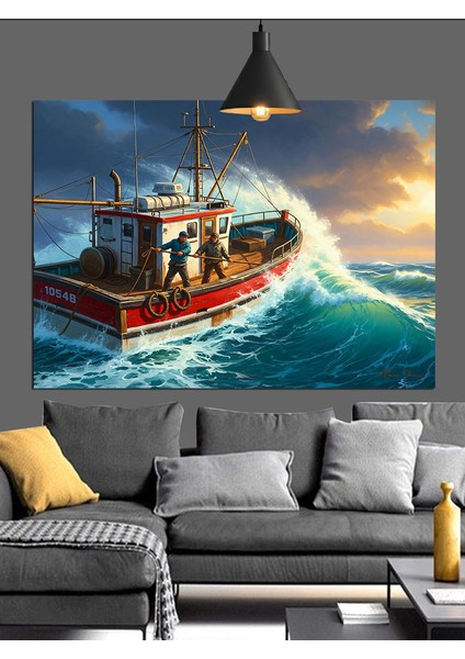 Fırtınalı Deniz Tekne Dalga Dekoratif Kanvas - Mdf Ahşap Tablo