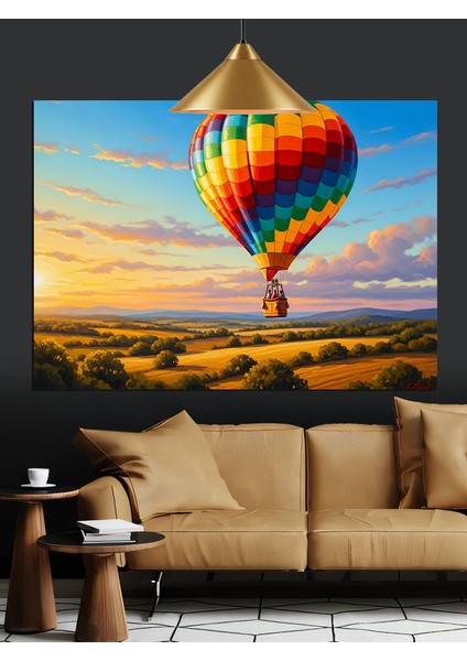 Gün Batımında Sıcak Hava Balonu Dekoratif Kanvas - Mdf Ahşap Tablo