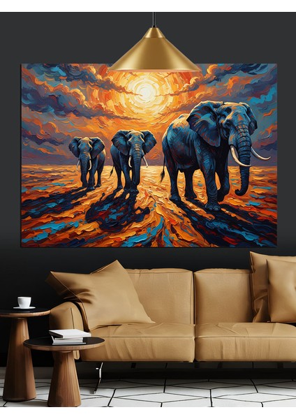 Fil Sürüsü Gün Batımı Dekoratif Kanvas - Mdf Ahşap Tablo