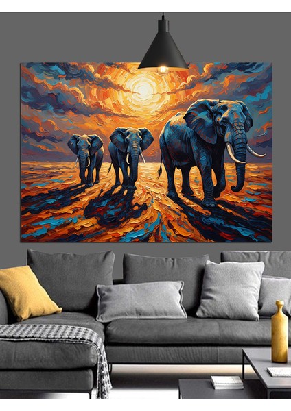 Fil Sürüsü Gün Batımı Dekoratif Kanvas - Mdf Ahşap Tablo fiyatları