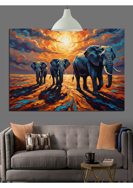 Fil Sürüsü Gün Batımı Dekoratif Kanvas - Mdf Ahşap Tablo modelleri