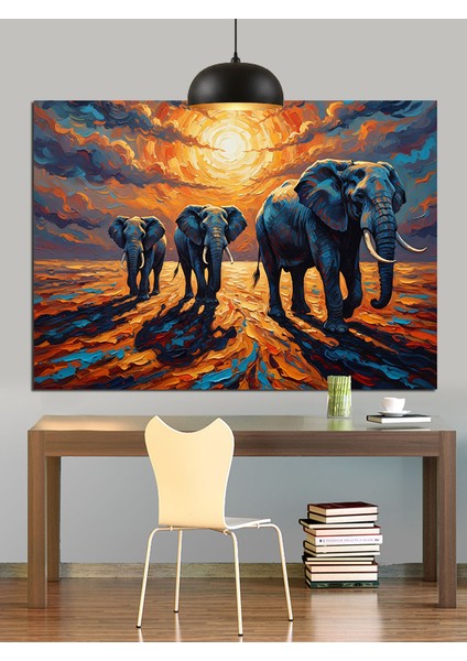 Fil Sürüsü Gün Batımı Dekoratif Kanvas - Mdf Ahşap Tablo fırsatları