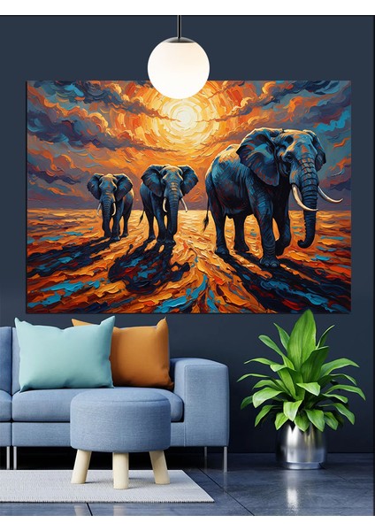 Fil Sürüsü Gün Batımı Dekoratif Kanvas - Mdf Ahşap Tablo indirimleri