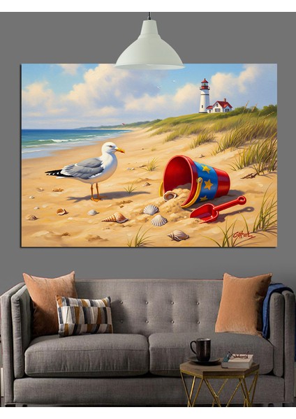 Kumsalda Martı ve Kum Oyuncakları Dekoratif Kanvas - Mdf Ahşap Tablo