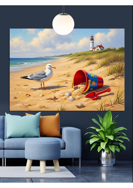 Kumsalda Martı ve Kum Oyuncakları Dekoratif Kanvas - Mdf Ahşap Tablo modelleri