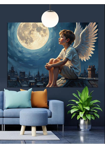 Ay Işığı Altında Kanatlı Çocuk Dekoratif Kanvas - Mdf Ahşap Tablo