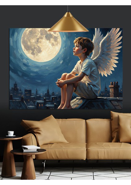 Ay Işığı Altında Kanatlı Çocuk Dekoratif Kanvas - Mdf Ahşap Tablo fiyatları