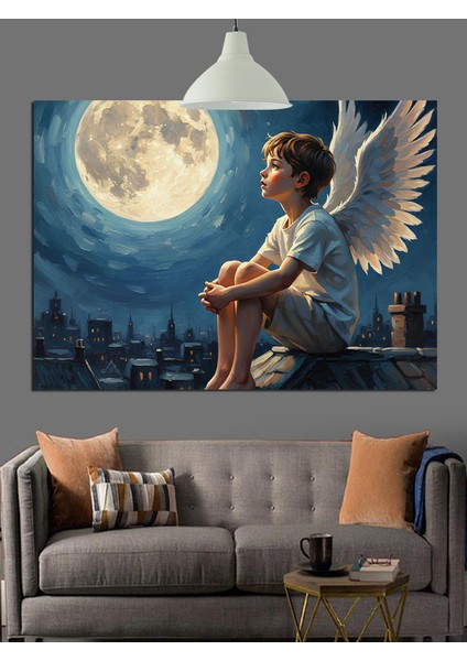 Ay Işığı Altında Kanatlı Çocuk Dekoratif Kanvas - Mdf Ahşap Tablo fırsatları