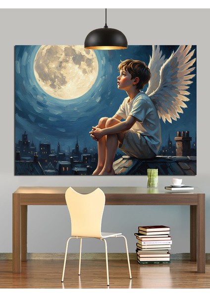 Ay Işığı Altında Kanatlı Çocuk Dekoratif Kanvas - Mdf Ahşap Tablo indirimleri