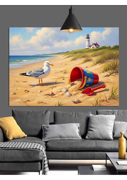 Kumsalda Martı ve Kum Oyuncakları Dekoratif Kanvas - Mdf Ahşap Tablo indirimleri