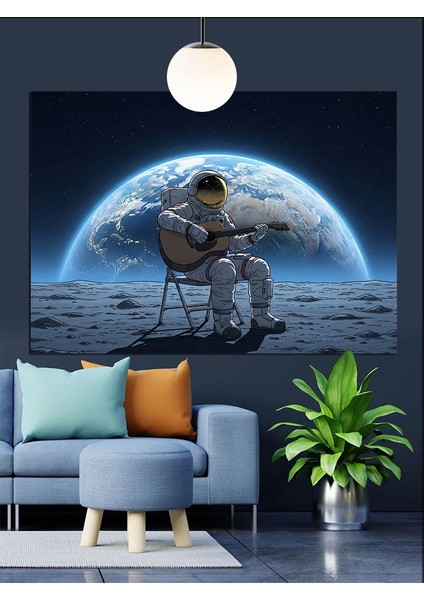 Gitar Çalan Astronot Dekoratif Kanvas - Mdf Ahşap Tablo