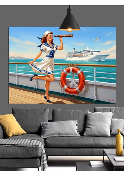 Kruvaziyer Gemisinde Can Simidi Tutan Kadın Dekoratif Kanvas - Mdf Ahşap Tablo modelleri