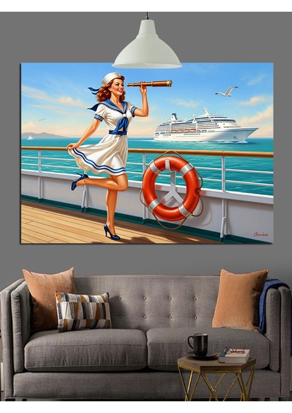 Kruvaziyer Gemisinde Can Simidi Tutan Kadın Dekoratif Kanvas - Mdf Ahşap Tablo fırsatları