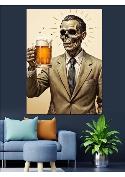 Bira Içen Iskelet Adam Dekoratif Kanvas - Mdf Ahşap Tablo