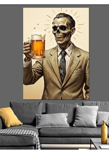 Bira Içen Iskelet Adam Dekoratif Kanvas - Mdf Ahşap Tablo fırsatları
