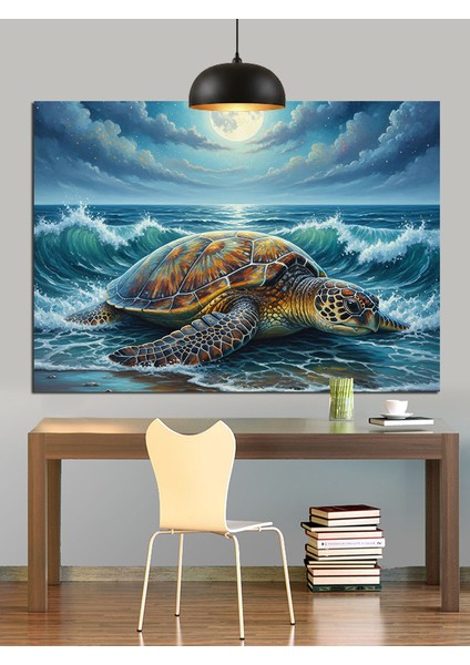 Deniz Kaplumbağası Yüzen Okyanus Dekoratif Kanvas - Mdf Ahşap Tablo