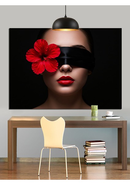 Kırmızı Çiçekli, Gözleri Bağlı Kadın Dekoratif Kanvas - Mdf Ahşap Tablo fiyatları