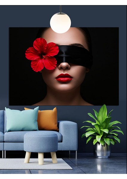 Kırmızı Çiçekli, Gözleri Bağlı Kadın Dekoratif Kanvas - Mdf Ahşap Tablo modelleri