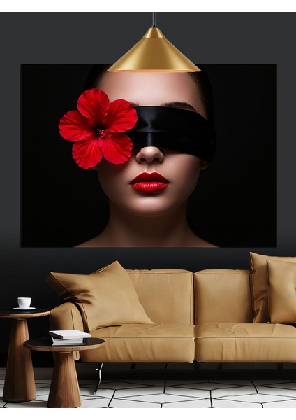 Kırmızı Çiçekli, Gözleri Bağlı Kadın Dekoratif Kanvas - Mdf Ahşap Tablo fırsatları