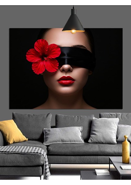 Kırmızı Çiçekli, Gözleri Bağlı Kadın Dekoratif Kanvas - Mdf Ahşap Tablo indirimleri