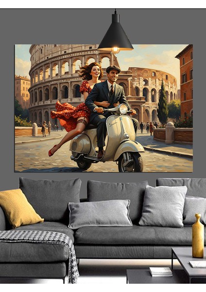Italya'da Motosikletli Çift Figürü Dekoratif Kanvas - Mdf Ahşap Tablo fırsatları