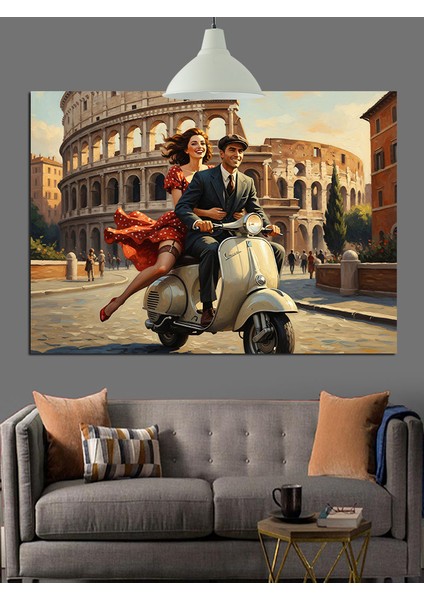 Italya'da Motosikletli Çift Figürü Dekoratif Kanvas - Mdf Ahşap Tablo indirimleri