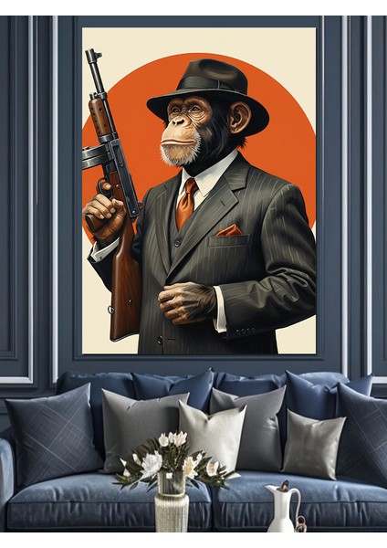Silahlı Şapkalı Maymun Dekoratif Kanvas - Mdf Ahşap Tablo